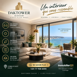 Intérieur moderne d’un appartement DAKTOWER Dakar avec vue panoramique sur l’océan