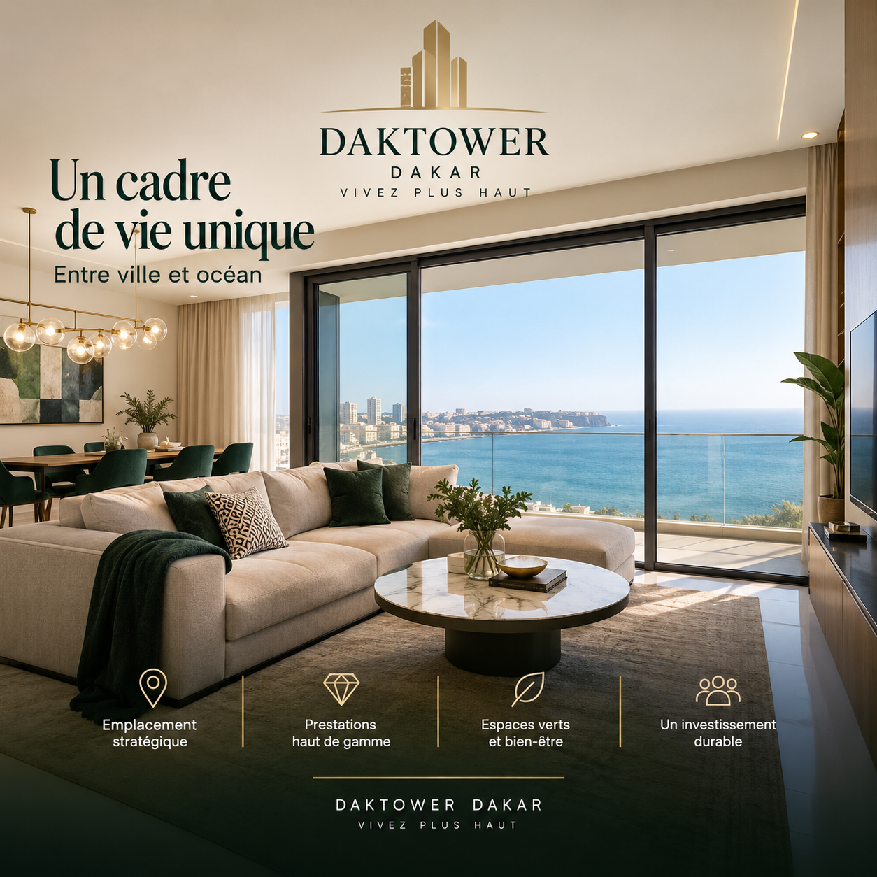 Appartement DAKTOWER Dakar avec intérieur premium et vue sur l’océan