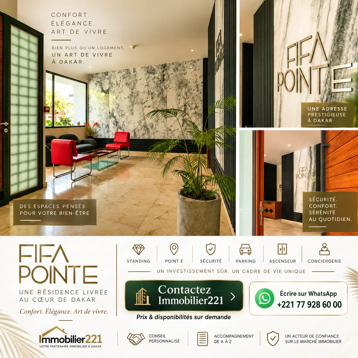 Lobby et espaces intérieurs de FIFA Point E à Dakar – Immobilier221